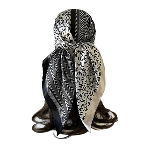 90cm satin square scarf with black and white bird and herringbone print for women