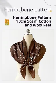 Brown 90x90cm paisley scarf with herringbone weave and wool-like texture on a mannequin
