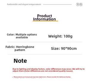 Detailed size specifications for the 90x90cm paisley silk scarf with herringbone fabric