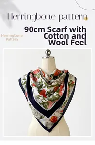 Detail showing herringbone texture and floral pattern on the 90x90 square scarf