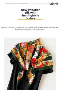 Detail of silk-like herringbone fabric square scarf with vintage floral pattern texture