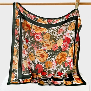 Vintage Floral Print Square Scarf Simulated Silk Herringbone Fabric Shawl Fashion Printed Headscarf Neck Wraps For Women