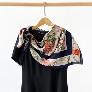 Vintage floral silk-like square scarf in navy blue and cream with elegant draping style
