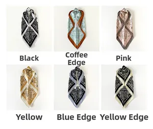 Detail view of six 70cm satin square scarves with various paisley prints and color borders
