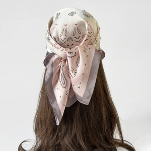 Elegant paisley satin square headscarf for women featuring pink and white bohemian patterns