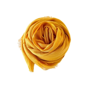 Bright yellow cotton linen scarf in rose-shaped fold with soft fringed edges
