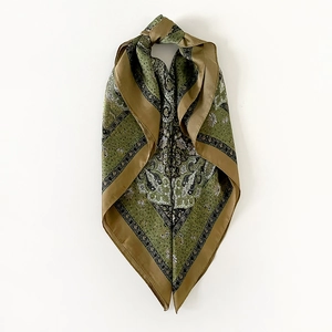 Elegant satin paisley silk scarf in olive green and gold for women with retro floral patterns