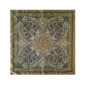 Olive green and brown paisley satin square scarf with a vintage floral print flat lay