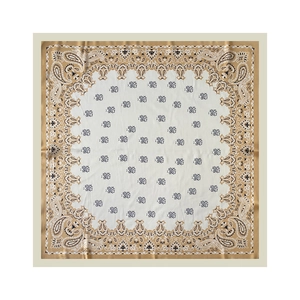 Close-up of premium 70cm square silk scarf with brown paisley floral patterns on ivory silk
