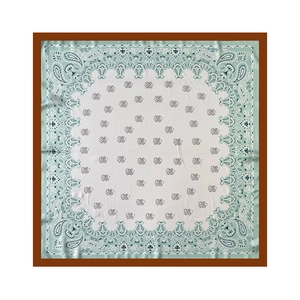 Flat lay view of a paisley print satin square scarf with mint green and brown borders