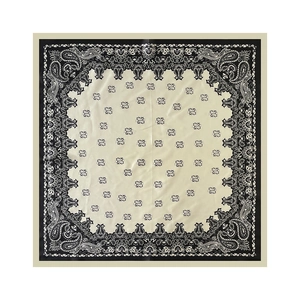 Detailed view of square silk scarf with paisley floral print and black contrast border