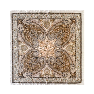 Detail of satin square scarf featuring beige paisley patterns and white silk borders