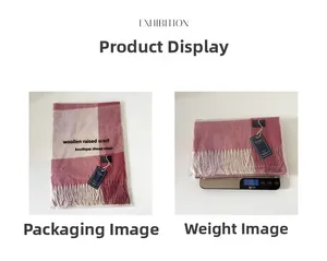 Detail view showing a 161g pink plaid wool scarf in individual packaging and weighing scale