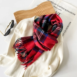 Detail of red and blue plaid scarf texture with elegant tassels and knit cardigan
