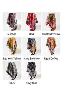 Detail showing eight color variants of paisley pattern silk scarfs in a grid layout