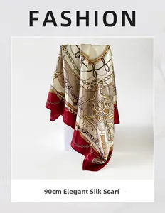 Detail of 90cm elegant square scarf with vintage chain print and silky texture