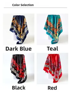 Selection of four printed satin silk scarves in blue, teal, black, and red colors
