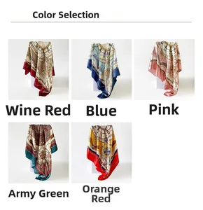Detail view of five color options for satin square scarves with classic chain print