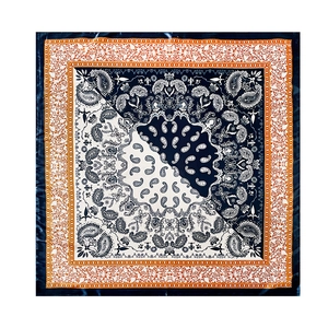 Classic paisley print square silk scarf with navy blue and cream contrast design