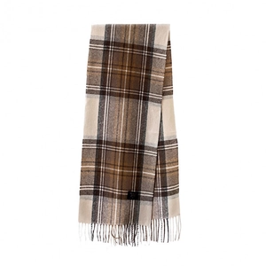 Classic checkered winter scarf with fringes in brown and cream plaid wool blend