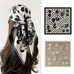 Vintage Polka Dot Floral Square Scarf Satin Polyester 90cm Sun Protection Bandana For Women Elegant Retro Silk Feel Headscarf