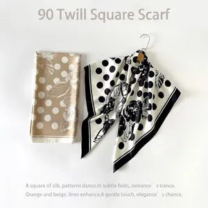 Polka dot floral 90cm twill silk scarf with elegant border design for women