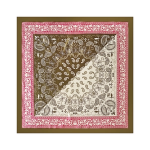 Detail of 90cm square silk scarf with paisley pattern and diagonal color-block design