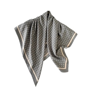 Elegant grey square silk-feel scarf with white polka dot pattern and beige borders