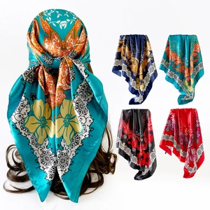 Women Vintage Paisley Floral Print Satin Square Scarf Elegant Silk-Like Headscarf For Hair Neck Wraps Bohemian Style Scarf