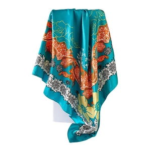 Peacock blue silk satin scarf with orange paisley print and vintage floral borders