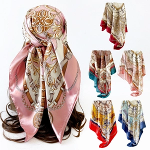 Women 90cm Satin Square Scarf Vintage Chain Belt Buckle Print Silk Like Headscarf Elegant Fashion Wrap Shawl Accessory