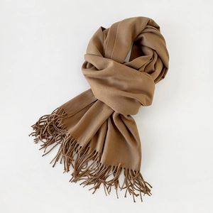 Detailed view of camel blend scarf with soft fringe edges and premium cashmere texture