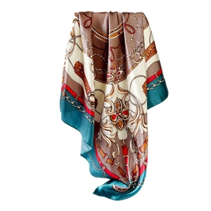 Classic chain print satin square scarf with baroque patterns in brown and red