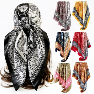 Women Paisley Print Satin Square Scarf Vintage Headwrap Silky Polyester Large Bandana Headscarf Shawl For Beach Travel Accessory