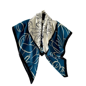 Elegant navy blue and beige satin silk square scarf with abstract floral pattern