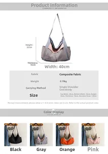 Size chart showing large crossbody canvas bag dimensions 32x40x16cm and material info