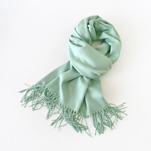 Detail shot of mint green pashmina scarf featuring elegant fringe and soft texture