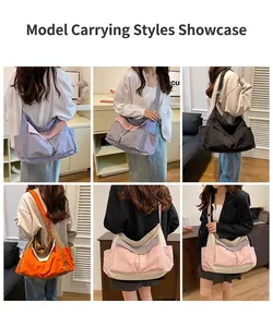 Detail view of large nylon messenger bag showing multiple color options and side pocket