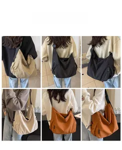 Collage of four colors showing large capacity canvas messenger bag worn by a model