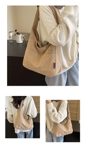 Detailed views of a khaki pleated tote bag showing side brand label and wide shoulder strap