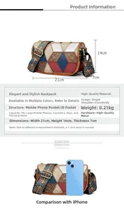 Detailed dimensions of patchwork PU leather crossbody bag showing 21x14x7cm measurements
