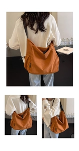 Burnt orange canvas messenger bag with adjustable side drawstrings and large capacity