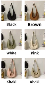 Collage of nylon crescent tote bags in black, brown, green, white, pink, and khaki colors