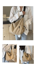 Multi-angle views of a large beige canvas crossbody bag showing strap and buckle details
