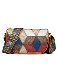 Women Vintage Patchwork Shoulder Bag Geometric Ethnic Print Crossbody Bag PU Leather Bohemian Handbag For Travel Party