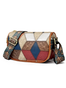 Minimalist patchwork leather crossbody bag with ethnic style wide shoulder strap