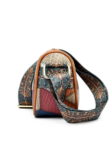 Ethnic Boston shoulder bag with mandala print in burgundy and blue textured leather