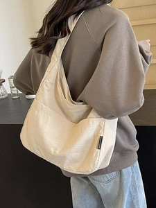 Minimalist beige large capacity canvas tote shoulder bag for women's daily commute