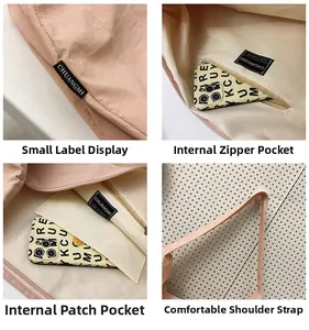 Detail view of pink nylon shoulder bag featuring black logo tag and interior zipper pockets