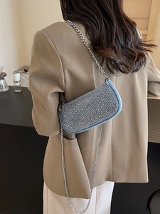 Luxury Rhinestone Denim Shoulder Bag For Women Sparkly Y2K Underarm Bag With Metal Chain Strap Evening Crossbody Handbag